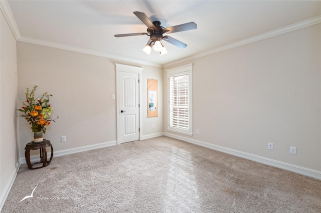 unfurnished room featuring crown molding, ceiling fan, and carpet