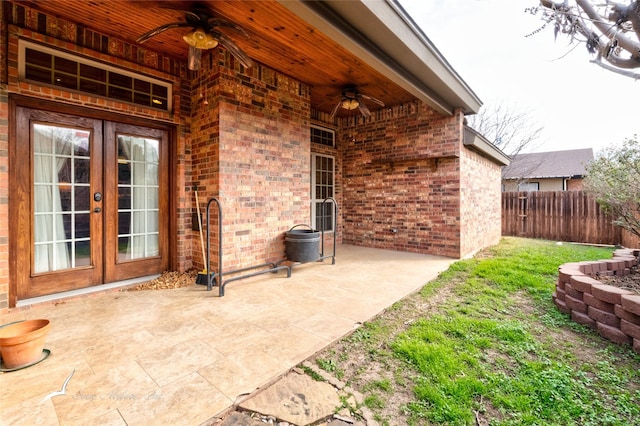 view of patio with ceiling fan and french doors