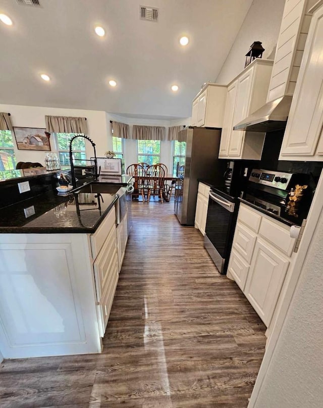 kitchen with white cabinetry, ventilation hood, dark stone counters, dark hardwood / wood-style flooring, and stainless steel appliances