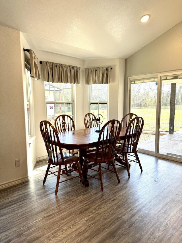 dining room featuring vaulted ceiling, dark hardwood / wood-style floors, and a textured ceiling