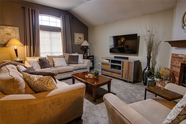 living room with a brick fireplace, light colored carpet, and lofted ceiling