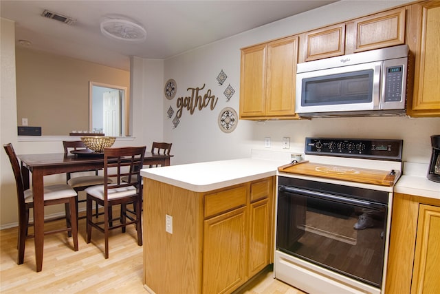 kitchen featuring electric range, light hardwood / wood-style floors, and kitchen peninsula