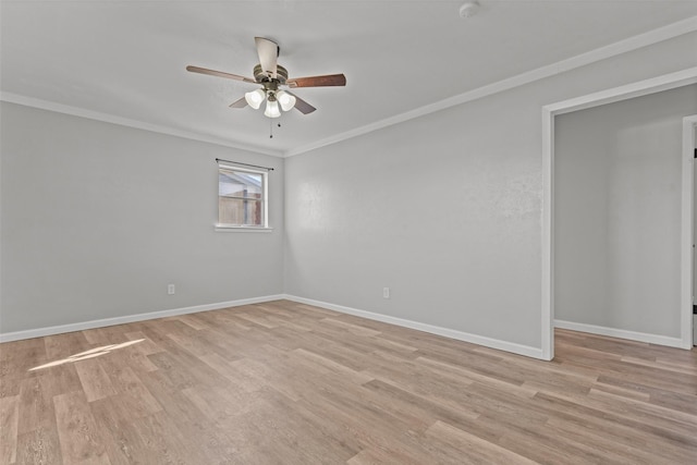 unfurnished room with crown molding, ceiling fan, and light wood-type flooring