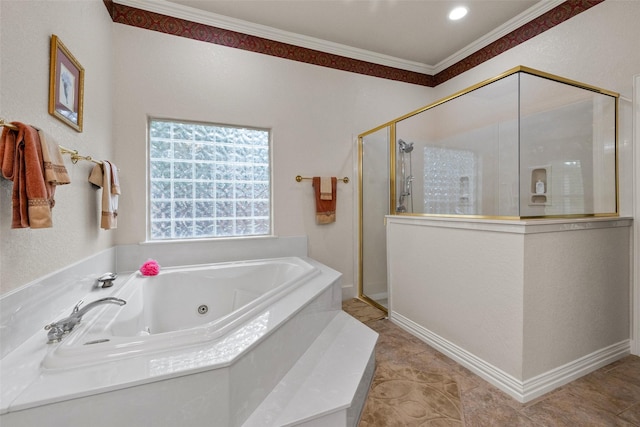 bathroom featuring tile patterned floors, ornamental molding, and separate shower and tub