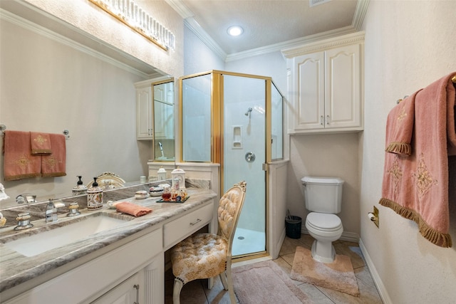 bathroom with walk in shower, tile patterned floors, ornamental molding, and vanity