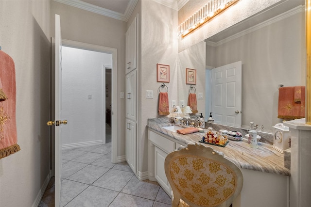 bathroom with vanity, tile patterned flooring, and crown molding