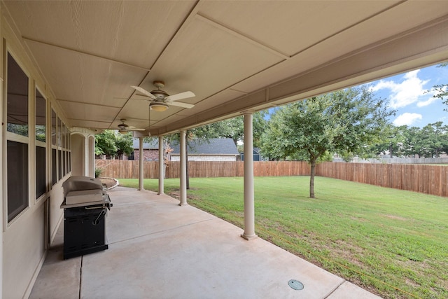 view of patio / terrace with ceiling fan and grilling area