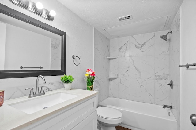 bathroom featuring a textured wall, toilet, shower / bath combination, vanity, and visible vents