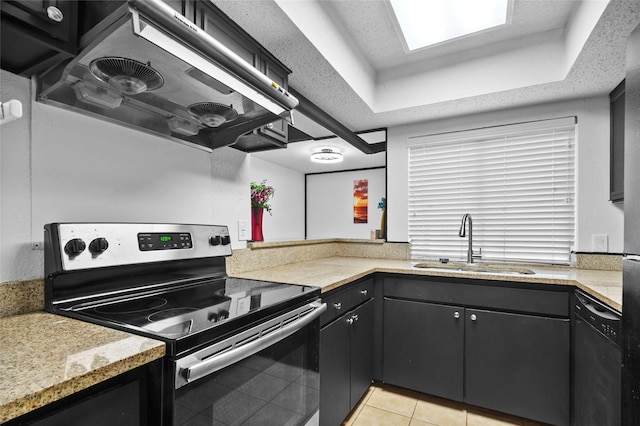 kitchen featuring light tile patterned flooring, a sink, black dishwasher, stainless steel electric range, and range hood