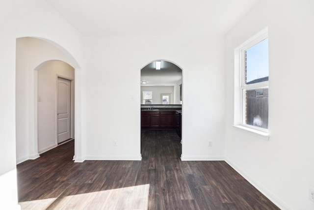 spare room with dark hardwood / wood-style floors, sink, and a wealth of natural light