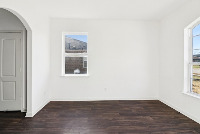 empty room featuring plenty of natural light and dark hardwood / wood-style floors