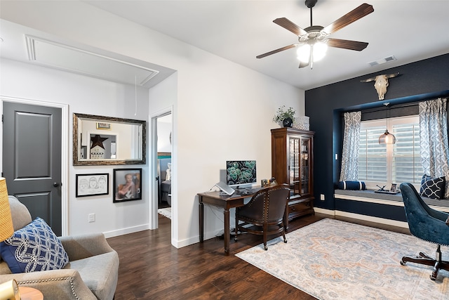 office with ceiling fan and dark hardwood / wood-style flooring