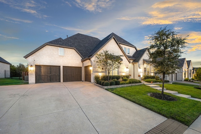 view of front facade with a garage and a yard