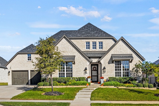 view of front of property featuring a garage and a front lawn