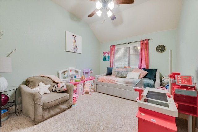 carpeted living room with lofted ceiling and ceiling fan