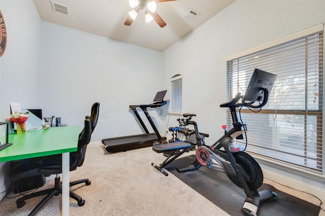 workout room featuring ceiling fan and carpet floors