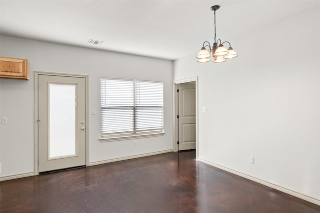 interior space featuring baseboards, finished concrete floors, visible vents, and a notable chandelier