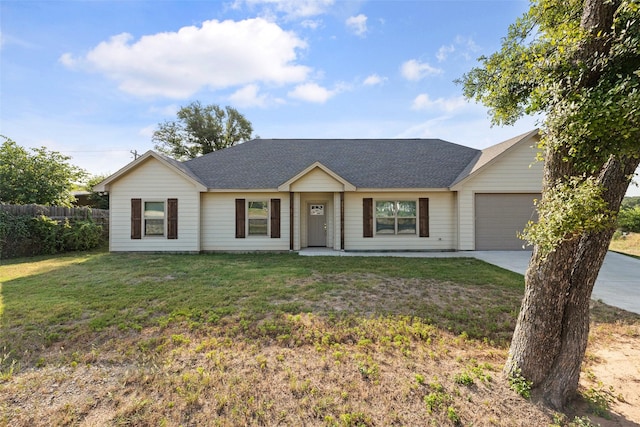 single story home featuring a shingled roof, fence, a garage, driveway, and a front lawn