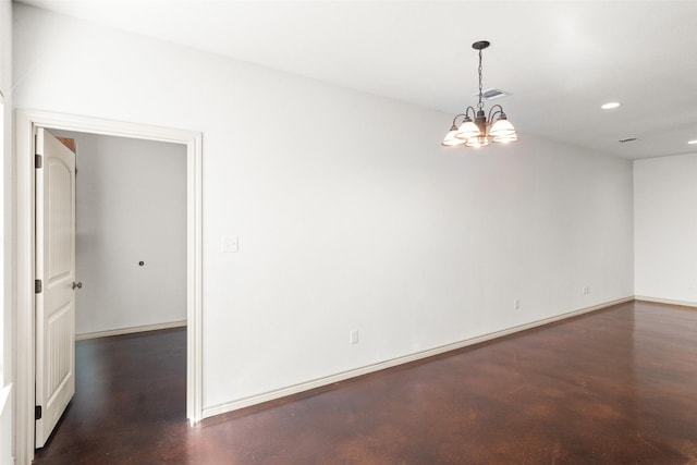 empty room featuring baseboards, visible vents, an inviting chandelier, concrete floors, and recessed lighting