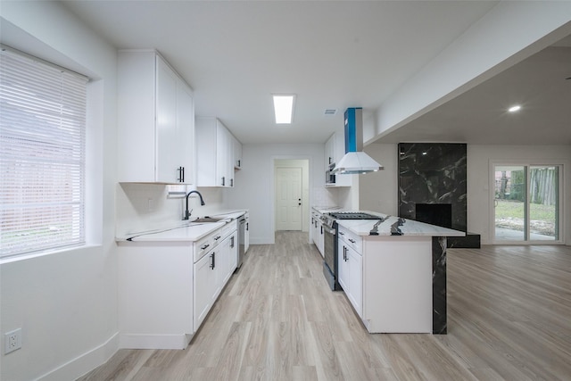 kitchen featuring white cabinetry, wall chimney range hood, stainless steel appliances, and sink