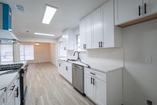 kitchen featuring sink, wall chimney range hood, appliances with stainless steel finishes, tasteful backsplash, and white cabinets