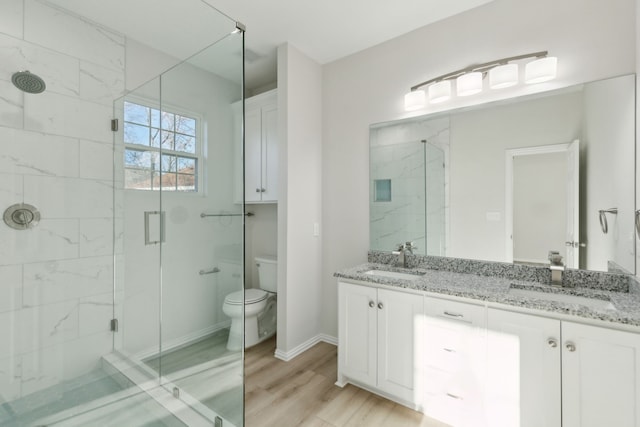 bathroom featuring vanity, toilet, a shower with shower door, and wood-type flooring