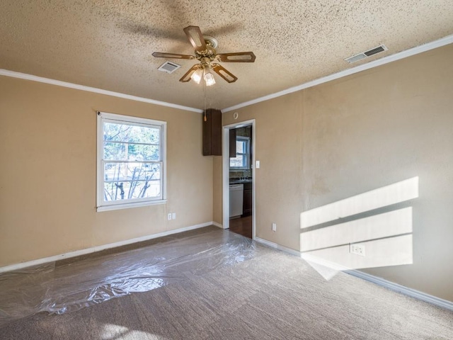 spare room with ceiling fan, ornamental molding, and a textured ceiling