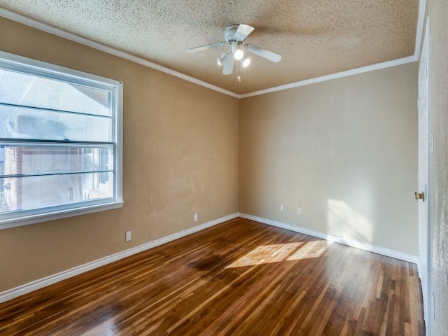 unfurnished room with crown molding, dark wood-type flooring, a textured ceiling, and ceiling fan