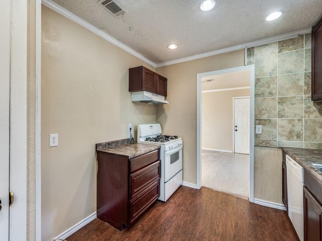 kitchen with ornamental molding, white appliances, dark brown cabinetry, dark wood-type flooring, and a textured ceiling