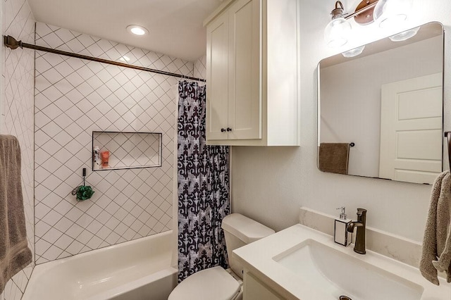 full bathroom with vanity, shower / bathtub combination with curtain, and toilet