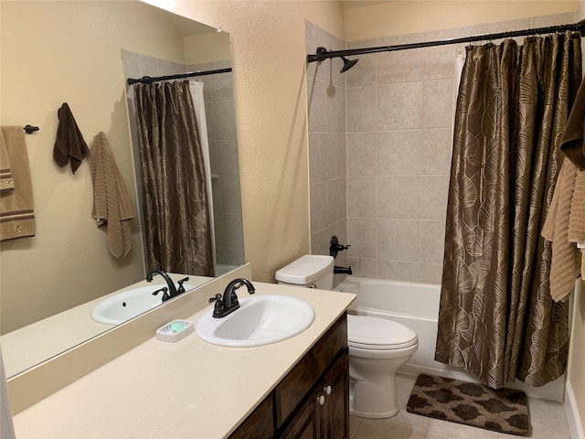 full bathroom featuring vanity, tile patterned flooring, shower / bath combination with curtain, and toilet