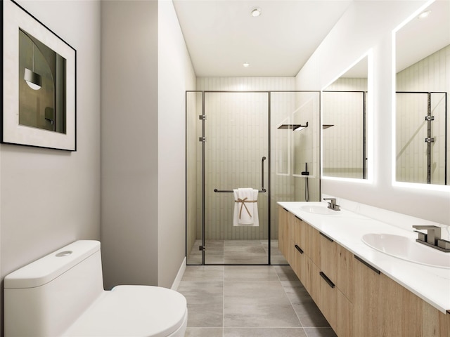 bathroom with vanity, a shower with shower door, tile patterned floors, and toilet