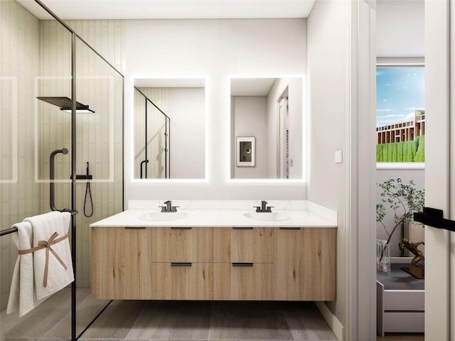 bathroom with vanity and an enclosed shower