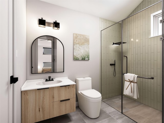 bathroom with vanity, tile patterned floors, toilet, and tiled shower