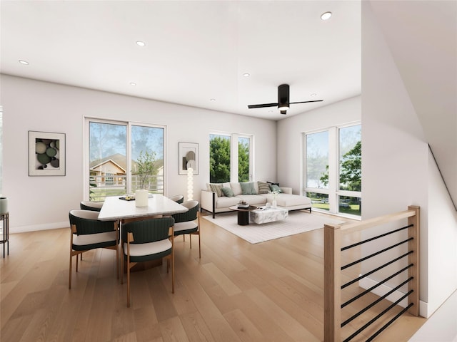 dining room featuring ceiling fan and light hardwood / wood-style floors