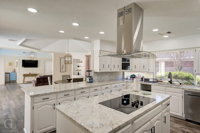 kitchen with island range hood, dishwasher, white cabinets, black electric stovetop, and light stone counters