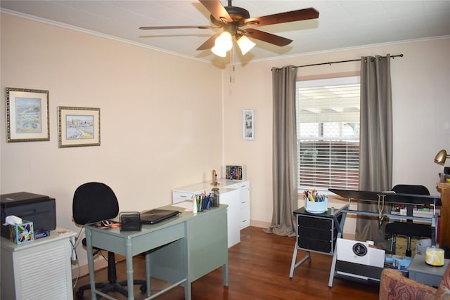 office area featuring ornamental molding, dark hardwood / wood-style floors, and ceiling fan