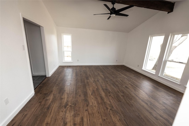 unfurnished room with ceiling fan, vaulted ceiling with beams, and dark hardwood / wood-style floors