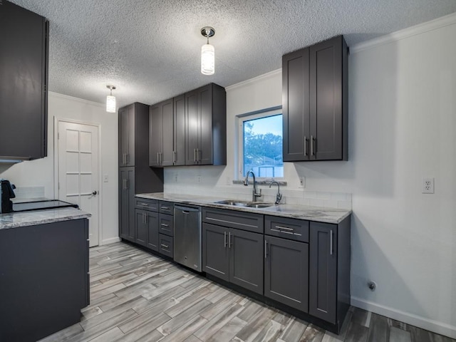 kitchen with stainless steel dishwasher, a sink, stove, and crown molding