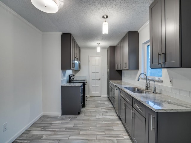 kitchen with crown molding, appliances with stainless steel finishes, a sink, a textured ceiling, and light wood-type flooring