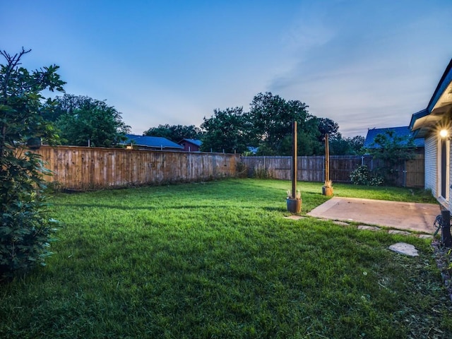 view of yard with a fenced backyard and a patio