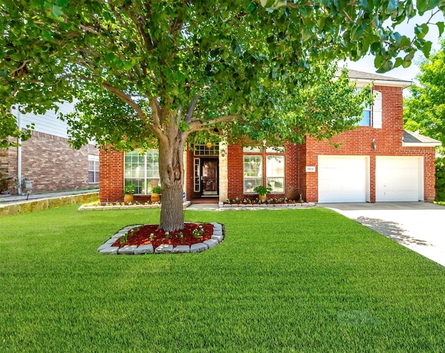 obstructed view of property with a garage and a front lawn