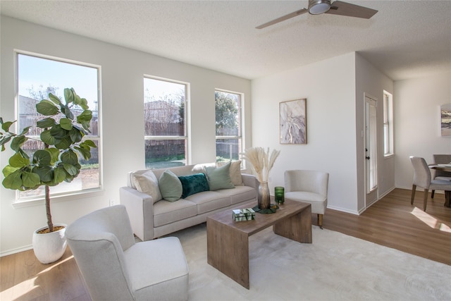 living room with ceiling fan, light hardwood / wood-style flooring, and a textured ceiling