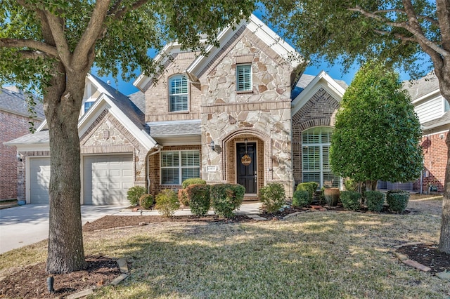 french provincial home with an attached garage, brick siding, stone siding, driveway, and roof with shingles