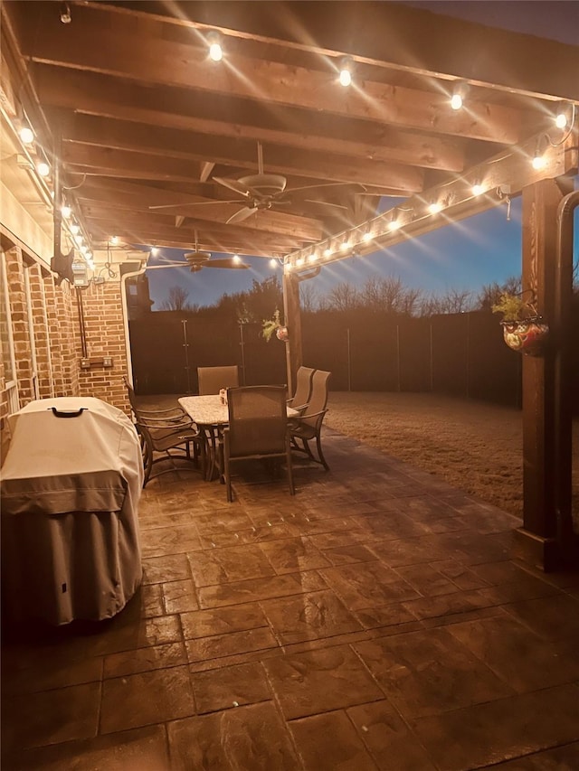 view of patio / terrace featuring ceiling fan, outdoor dining space, area for grilling, and fence