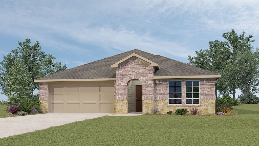 ranch-style house with a garage and a front lawn