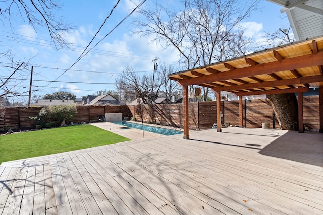 deck with a fenced in pool and a yard