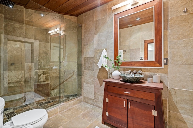 bathroom featuring tile walls, vanity, an enclosed shower, wood ceiling, and toilet