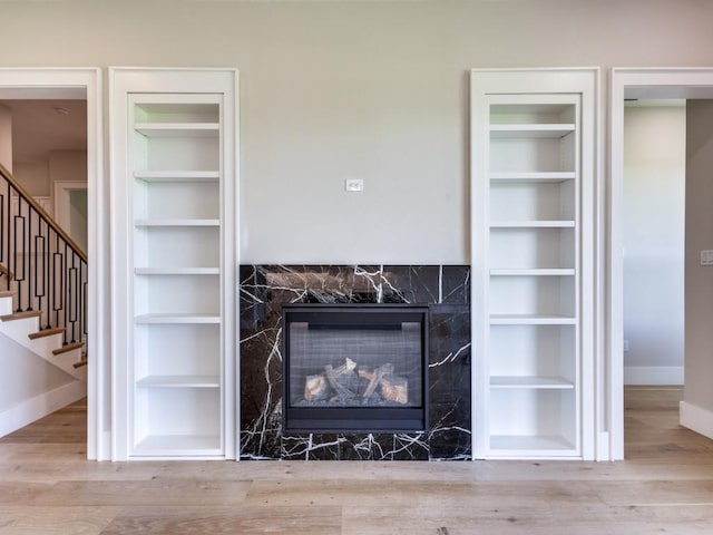 1165 Stonebridge Pass, Gunter, TX 75058 - detailed view of wood finished floors, built in shelves, baseboards, and a fireplace