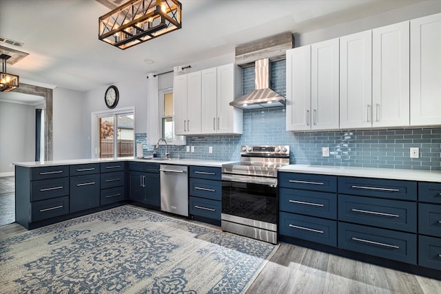 kitchen featuring appliances with stainless steel finishes, white cabinetry, sink, backsplash, and wall chimney range hood